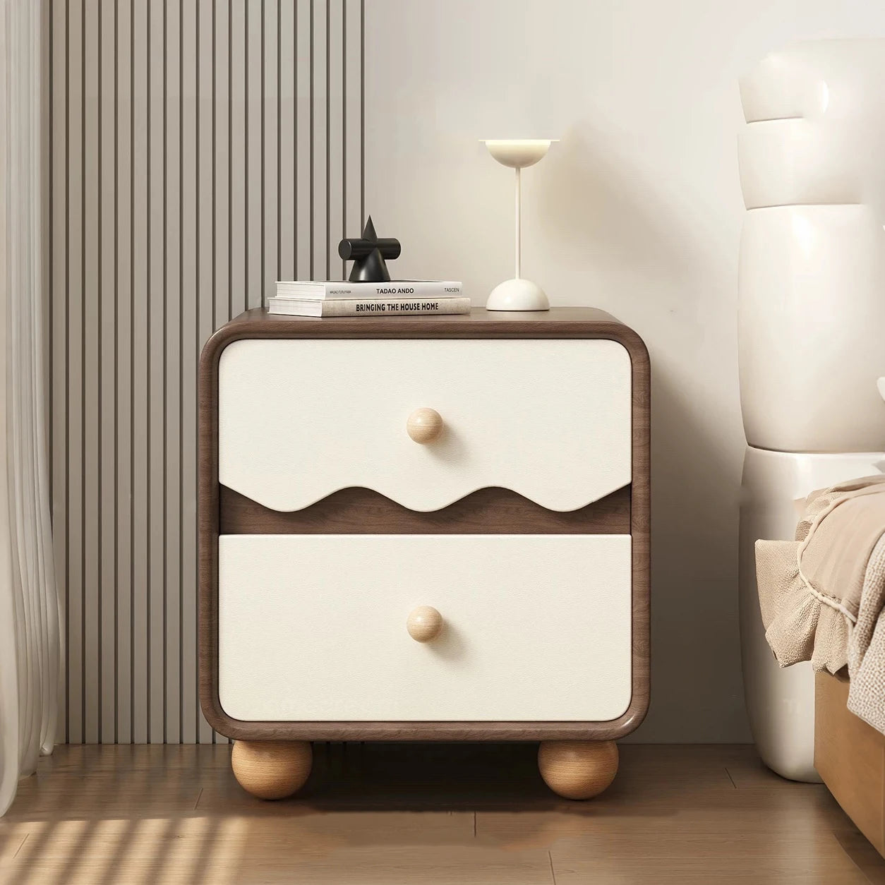 Solid Wood Wavy Pattern Minimalist Nightstand With Storage Cabinet