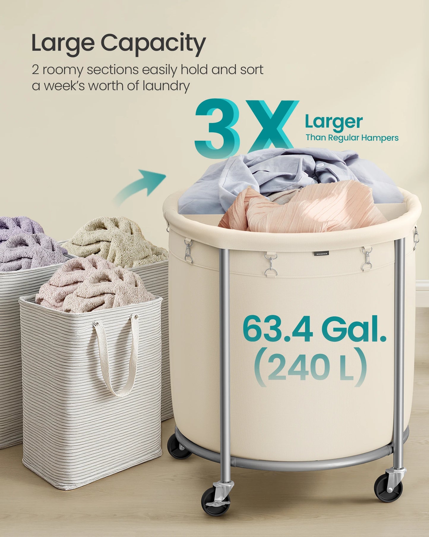 Songmics Rolling Laundry Hamper Cart With Wheels Heavy Duty Steel