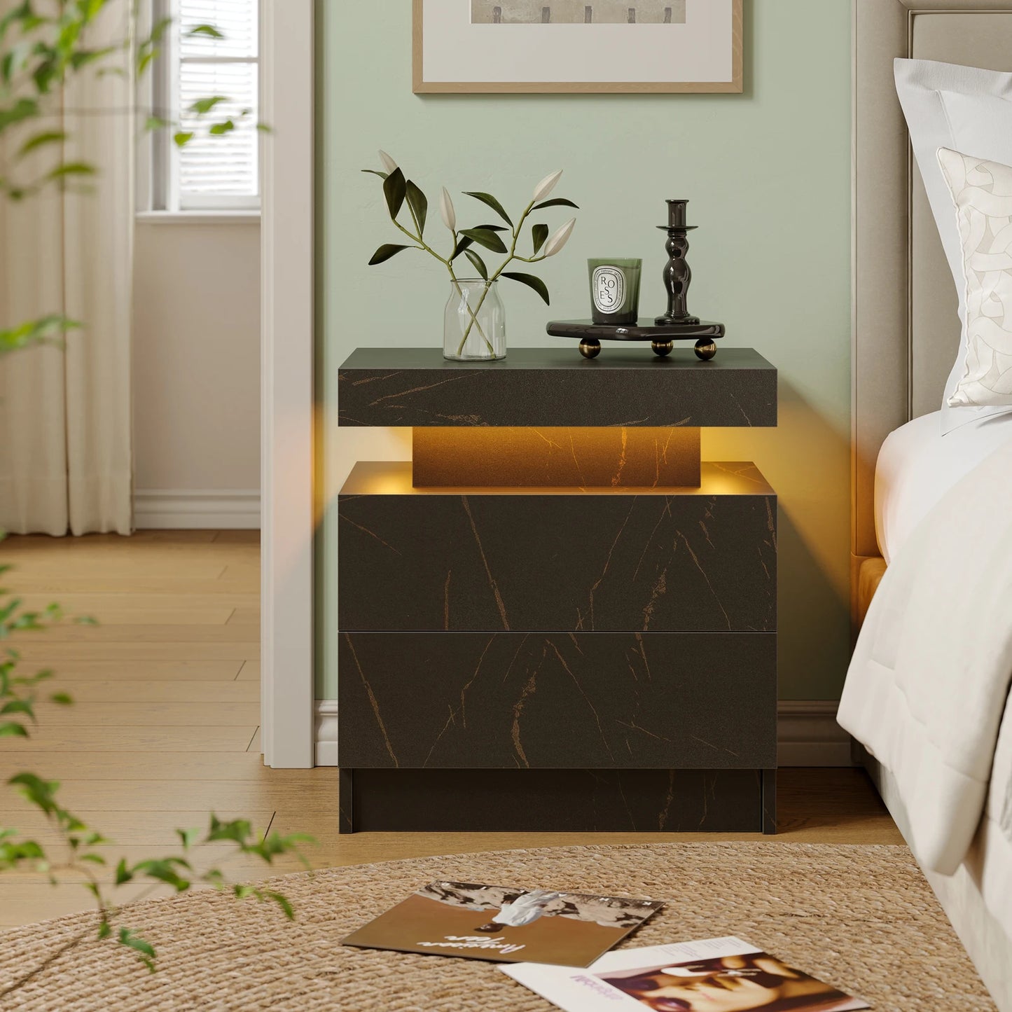 Cubehom LED Nightstand With Two Drawers And RGB Lights For Bedroom
