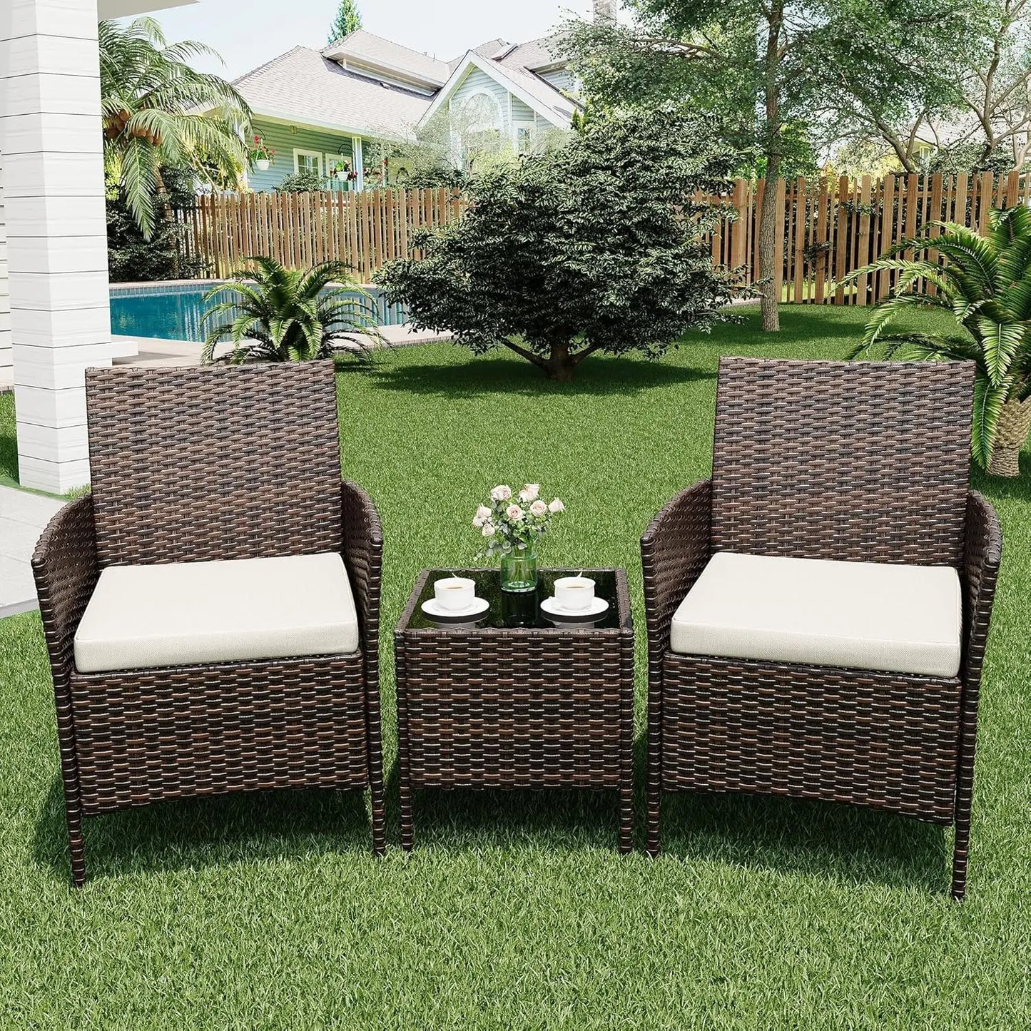 3 Piece Outdoor Patio Furniture Set, PE Rattan Wicker Chairs with Soft Cushions, Tempered Glass Coffee Table, All Weather Conversation Set for Garden Porch Poolside Balcony