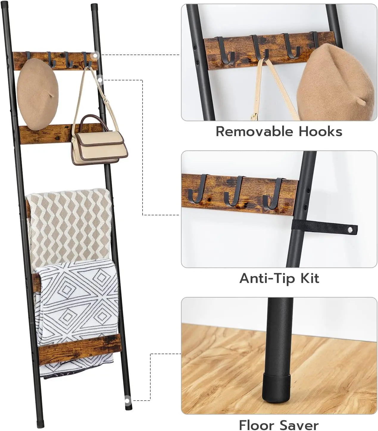 5-Tier Wall Leaning Blanket Ladder With Hooks Towels Scarves