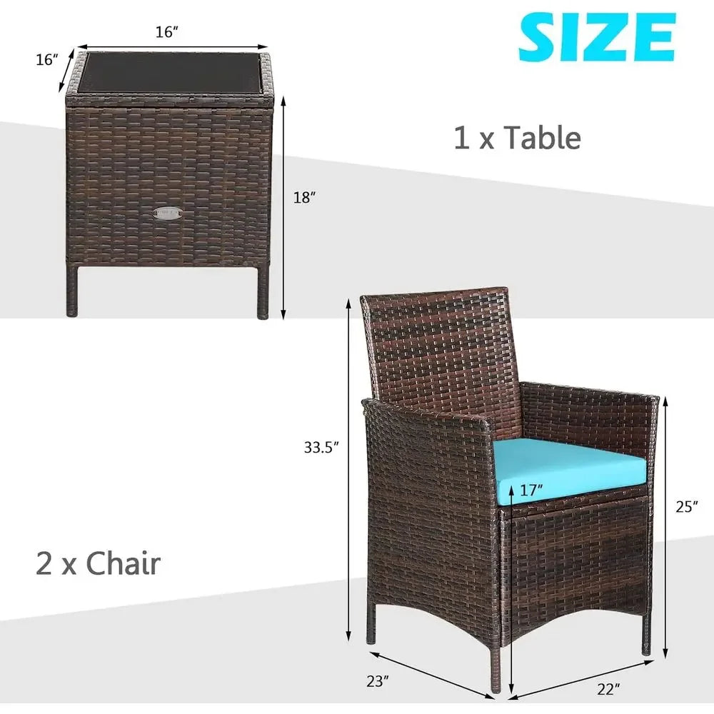 3-Piece Wicker Patio Furniture Set with Cushions and Glass Top Table for Outdoor Spaces
