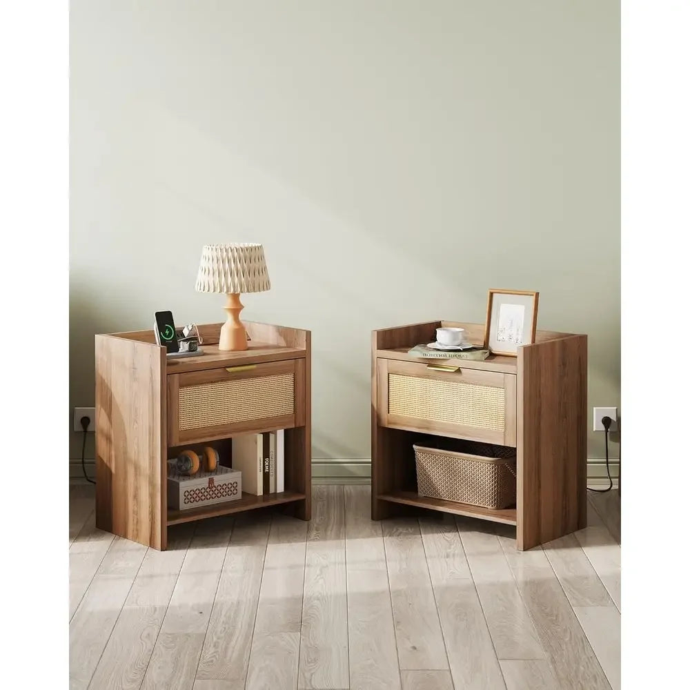 Natural Oak Nightstands With Charging Station Storage Drawer Open Shelf
