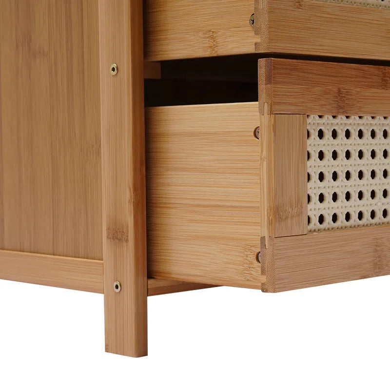 Bamboo Wood Three Drawer Bedside Table Nightstand Storage Cabinet