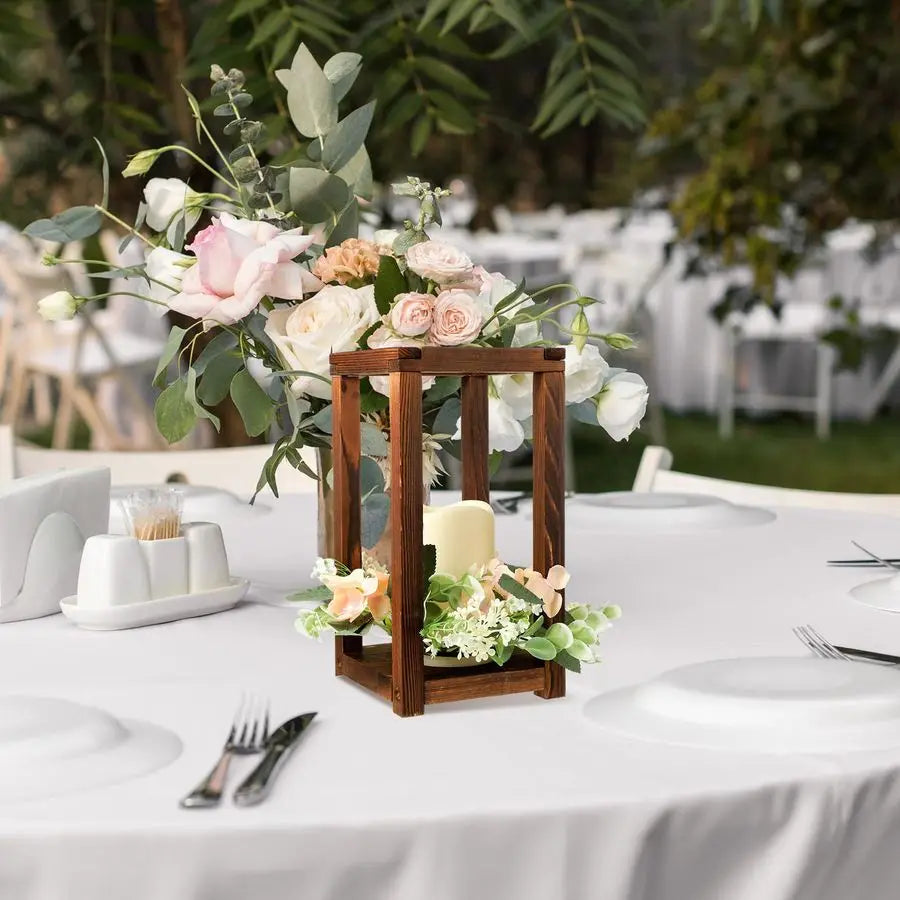 Rustic Wooden Wedding Lantern Centerpieces With Integrated Holders And Wreaths