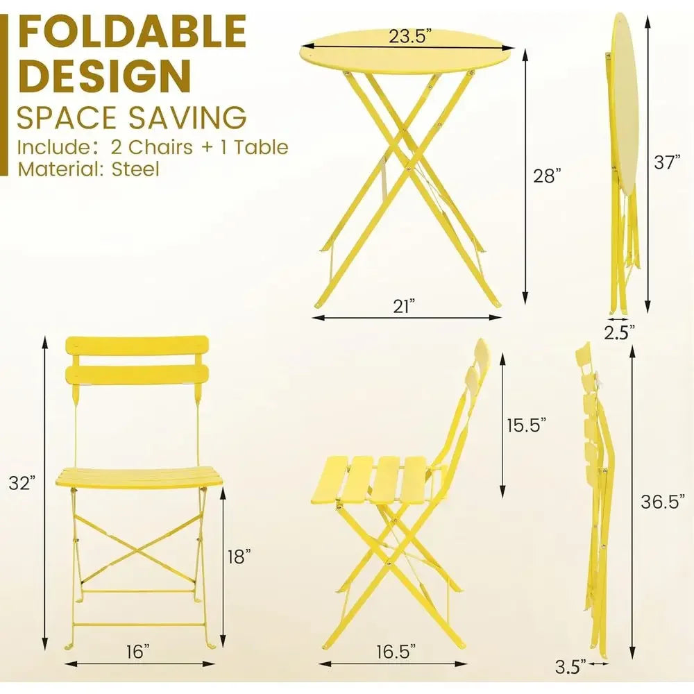 Compact 3-Piece Outdoor Patio Bistro Set with Folding Table and Chairs, Ideal for Balcony or Garden, Yellow