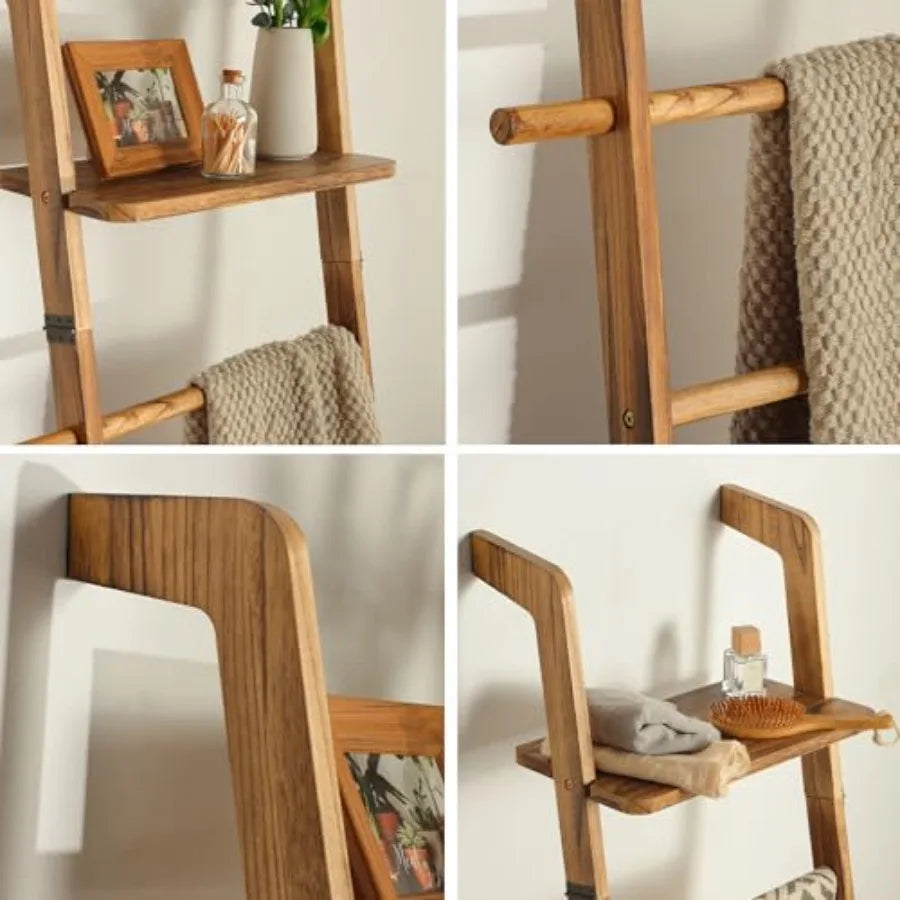 Blanket Ladder With Top Shelf 5-Tier Bamboo Blanket Holder