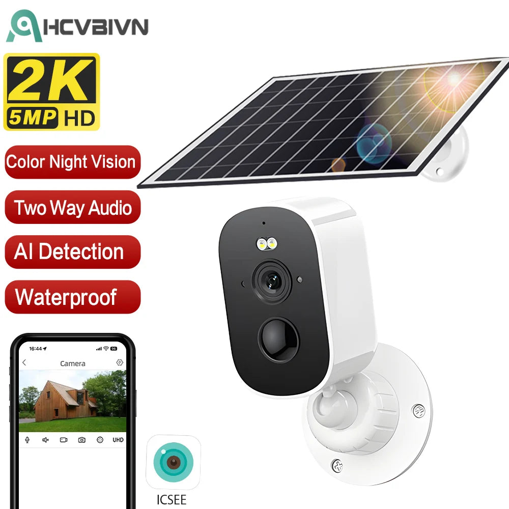 Outdoor 5MP 2K HD Wireless Solar Security Camera Wifi Connection with 4800mAh Rechargeable Battery IP66 Waterproof PIR Human Motion Detection Smart Alarm Night Vision Two Way Audio Surveillance System Compatible with ICSEE AP