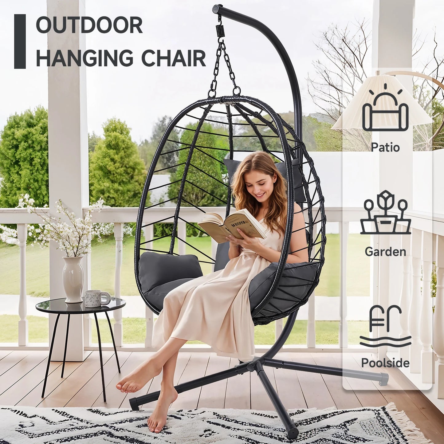 Egg Chair with Cushion, Outdoor Indoor Egg Swing Chair, Hanging Wicker Rattan Egg Chair with Dual Chains, 350LBS Capacity