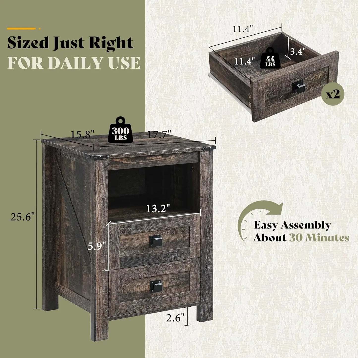 Farmhouse Nightstands Set Of 2 Wood Bedside Tables With Drawers