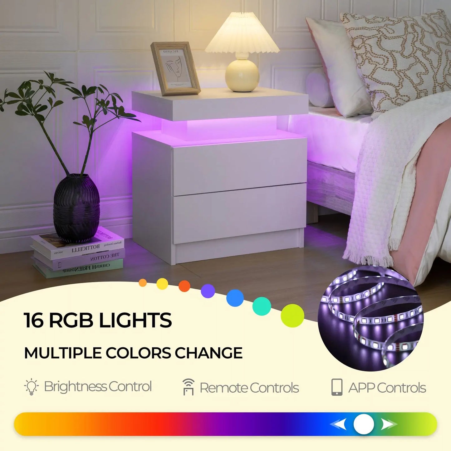 Cubehom LED Nightstand With Two Drawers And RGB Lights For Bedroom