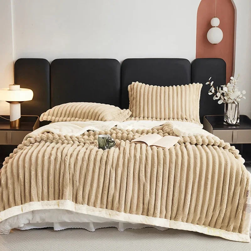 Weighted Sherpa Fleece Blanket Soft Warm Beige White Stripes