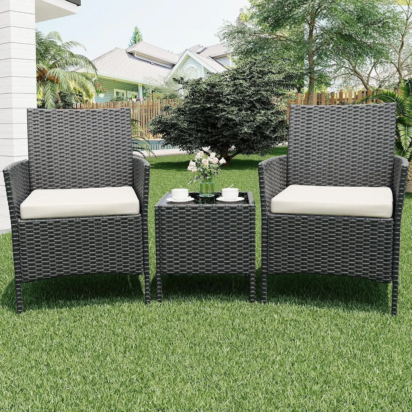 3 Piece Outdoor Patio Furniture Set, PE Rattan Wicker Chairs with Soft Cushions, Tempered Glass Coffee Table, All Weather Conversation Set for Garden Porch Poolside Balcony
