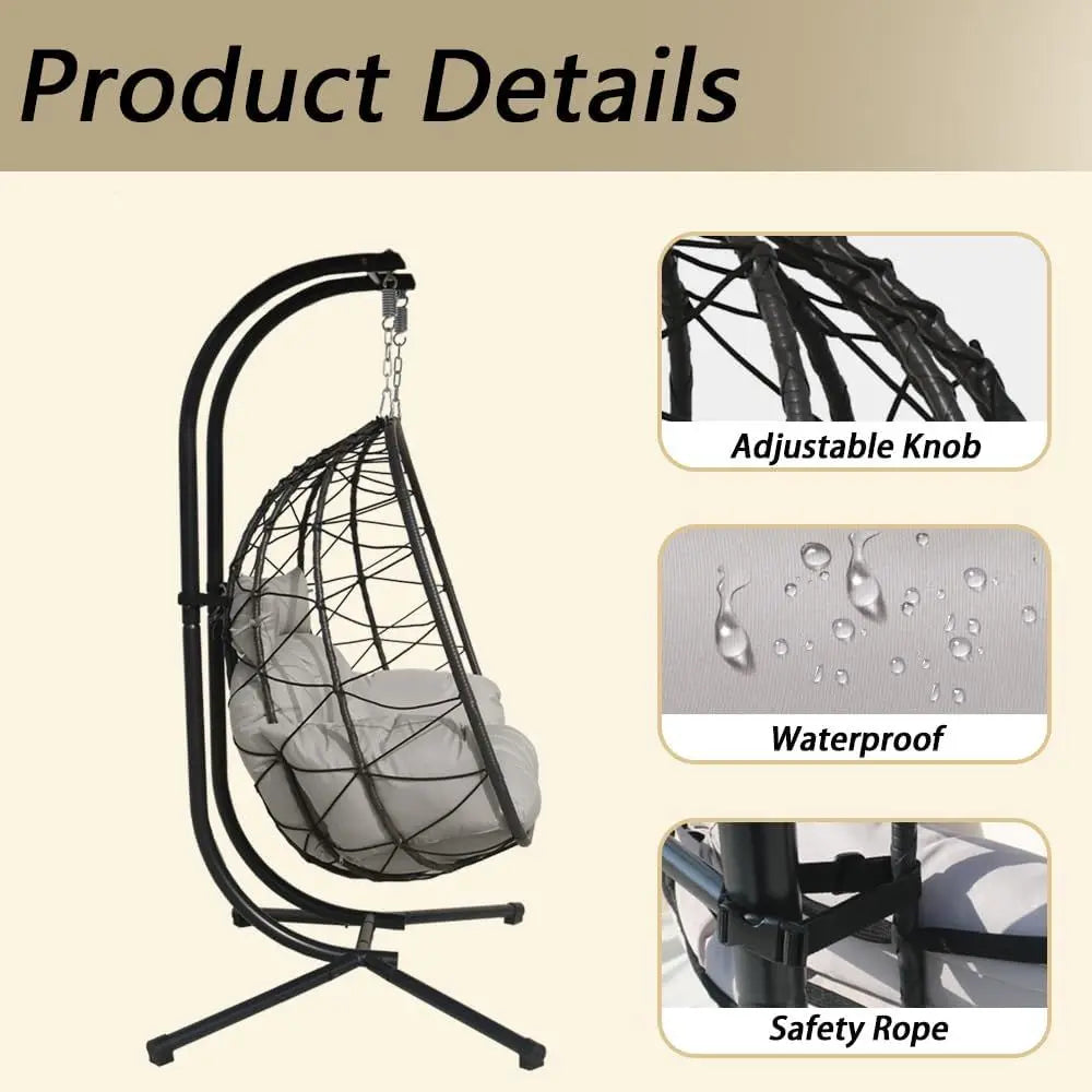 Gray Outdoor Hanging Wicker Rattan Double Egg Chair with Stand and Waterproof Cushion