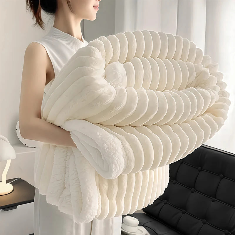 Weighted Sherpa Fleece Blanket Soft Warm Beige White Stripes