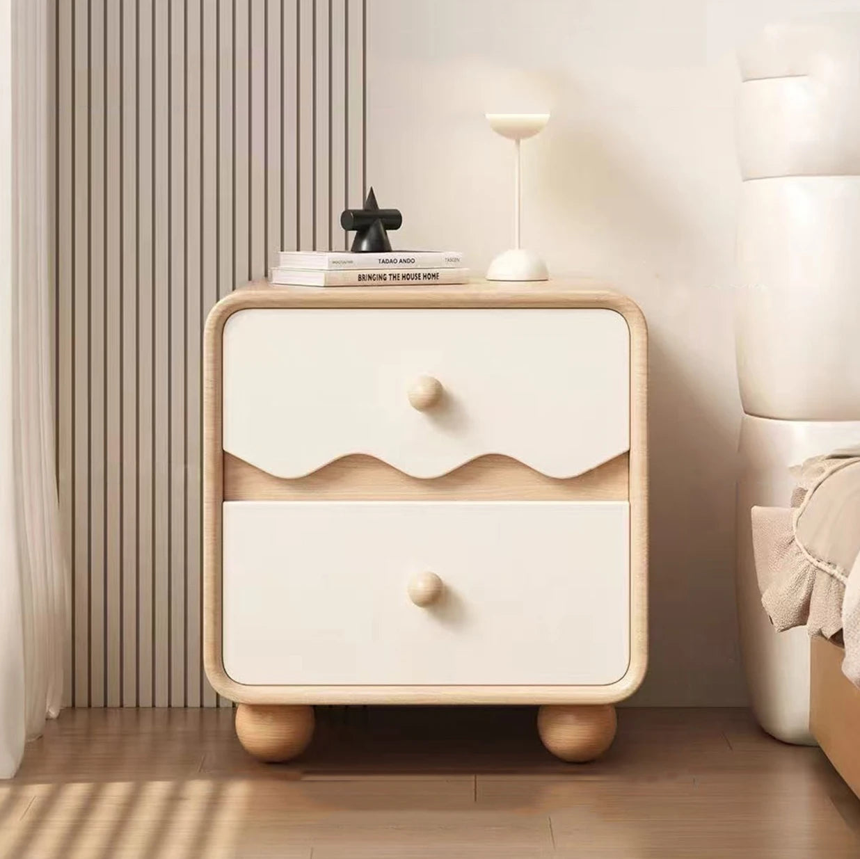 Solid Wood Wavy Pattern Minimalist Nightstand With Storage Cabinet