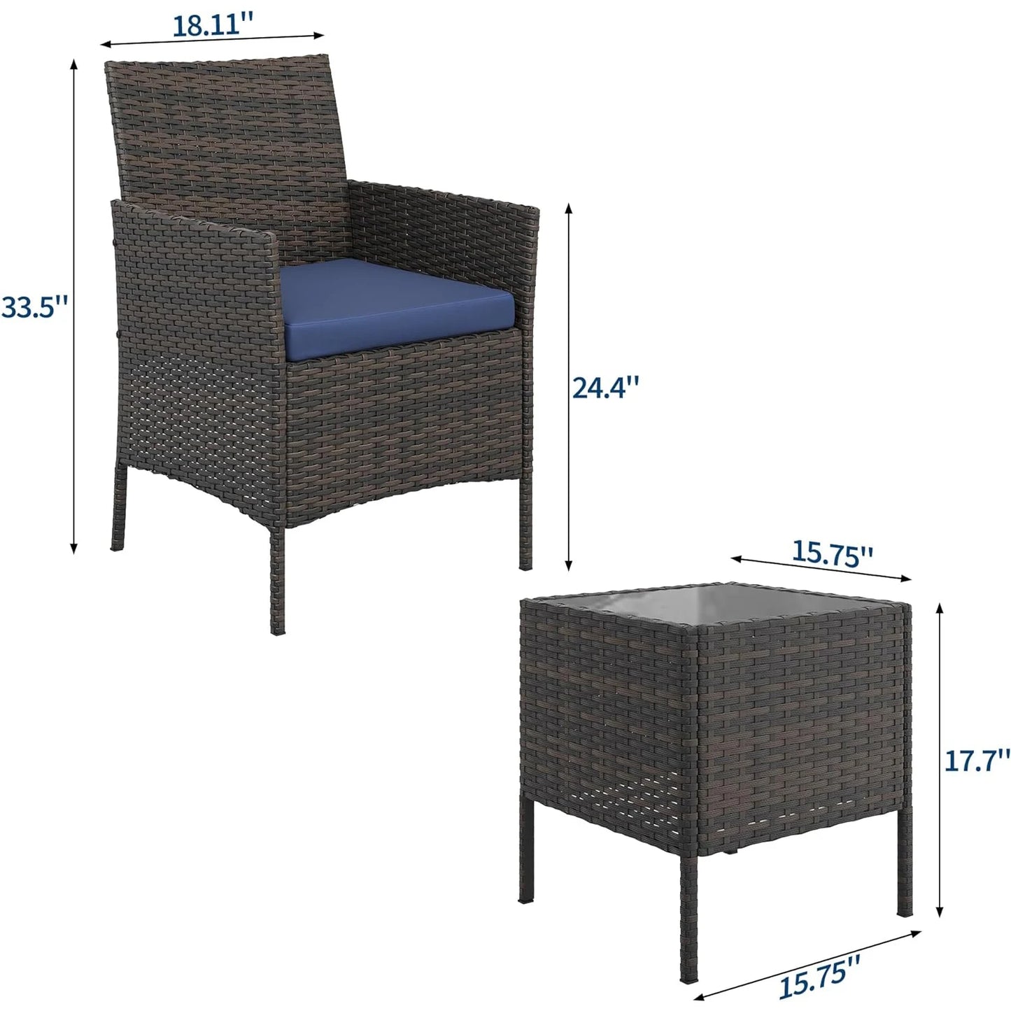 3 Piece Outdoor Patio Furniture Set, PE Rattan Wicker Chairs with Soft Cushions, Tempered Glass Coffee Table, All Weather Conversation Set for Garden Porch Poolside Balcony