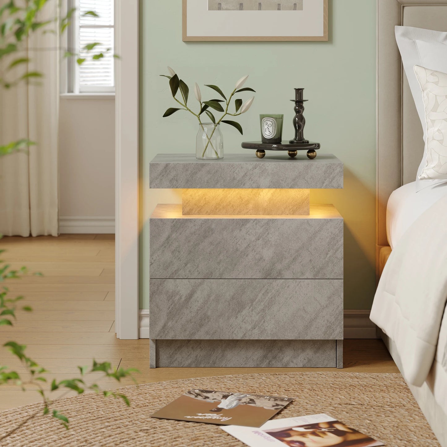 Cubehom LED Nightstand With Two Drawers And RGB Lights For Bedroom