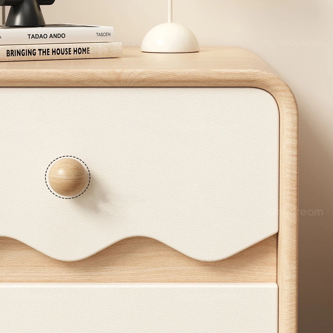 Solid Wood Wavy Pattern Minimalist Nightstand With Storage Cabinet