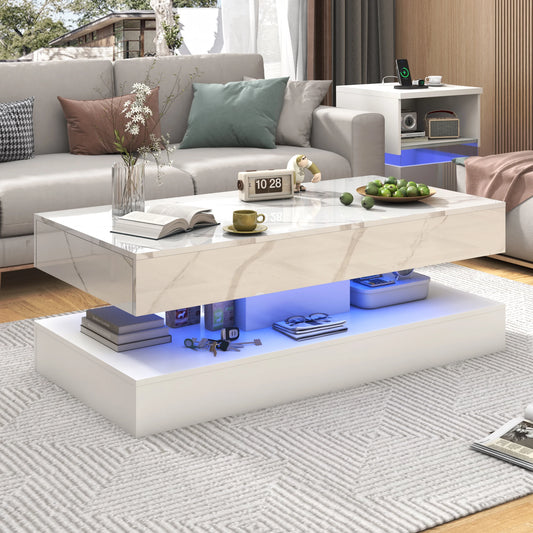 QiaoShiRen Modern Coffee Table With LED Double-Layer Storage Drawers
