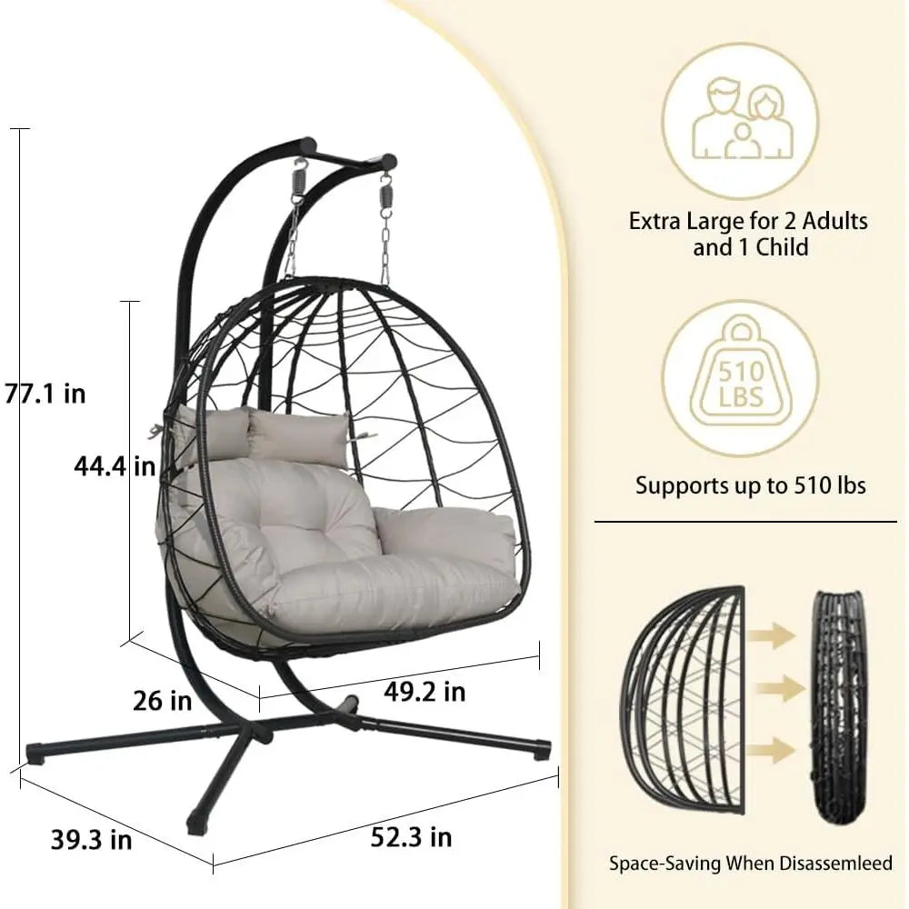Gray Outdoor Hanging Wicker Rattan Double Egg Chair with Stand and Waterproof Cushion