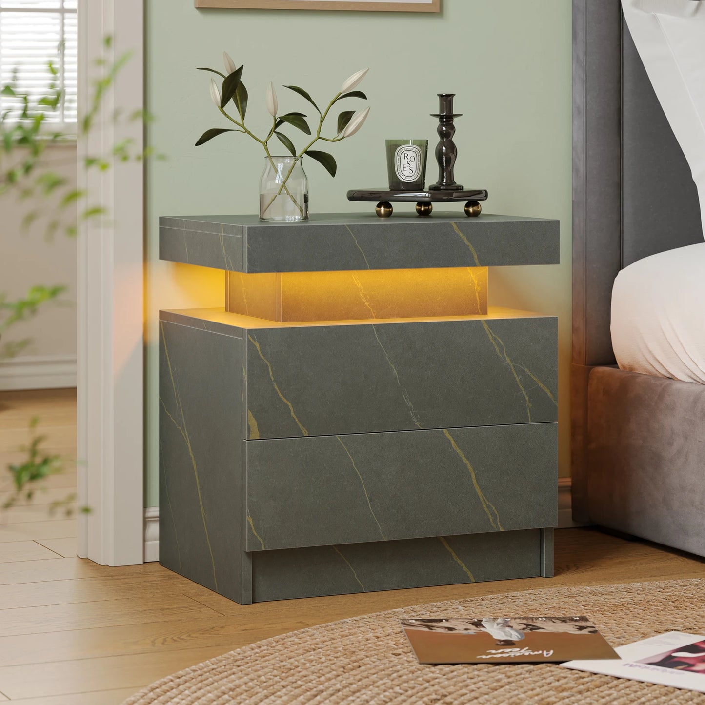 Cubehom LED Nightstand With Two Drawers And RGB Lights For Bedroom