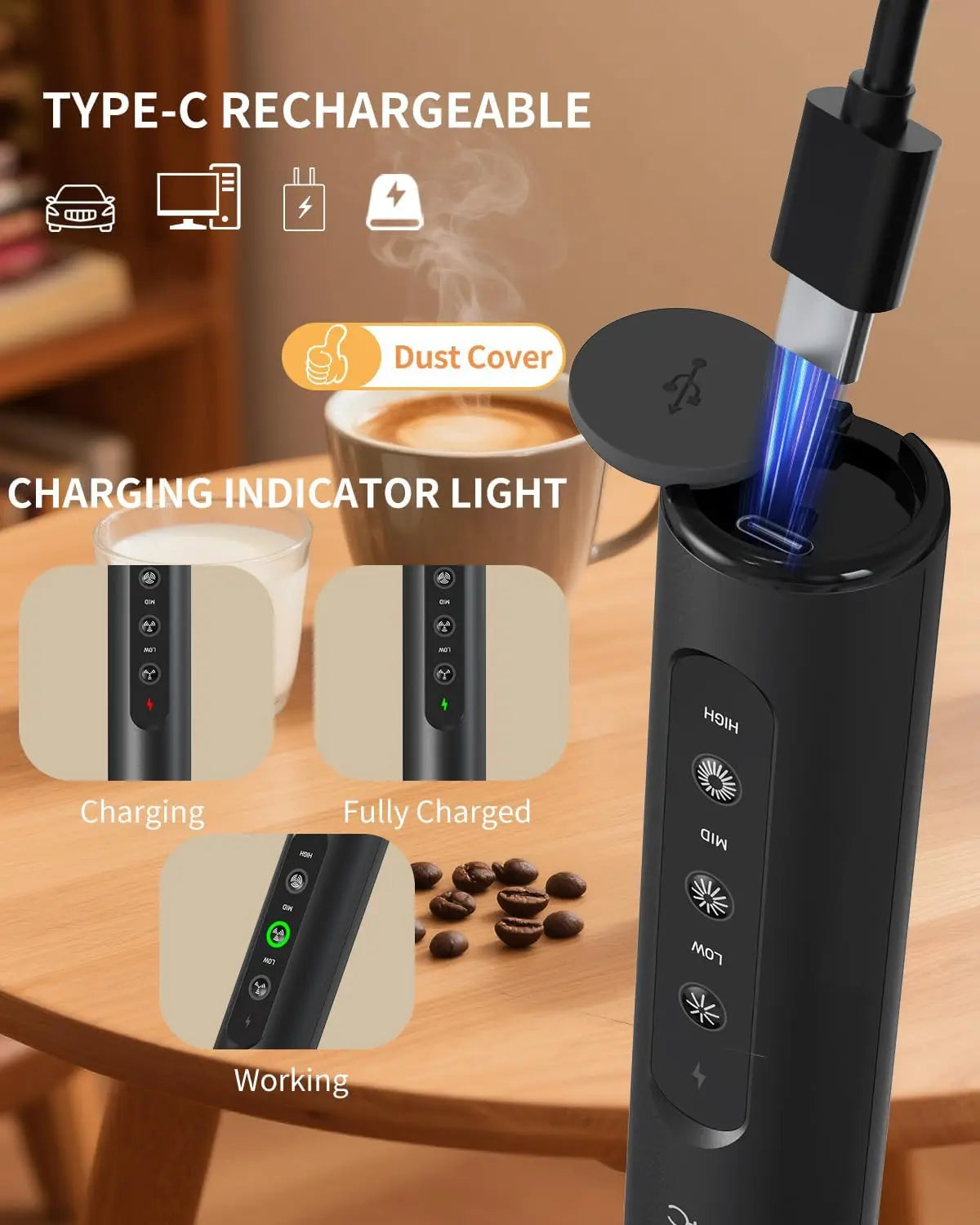 Rechargeable Handheld Milk Frother With 3 Speeds And 3 Whisks