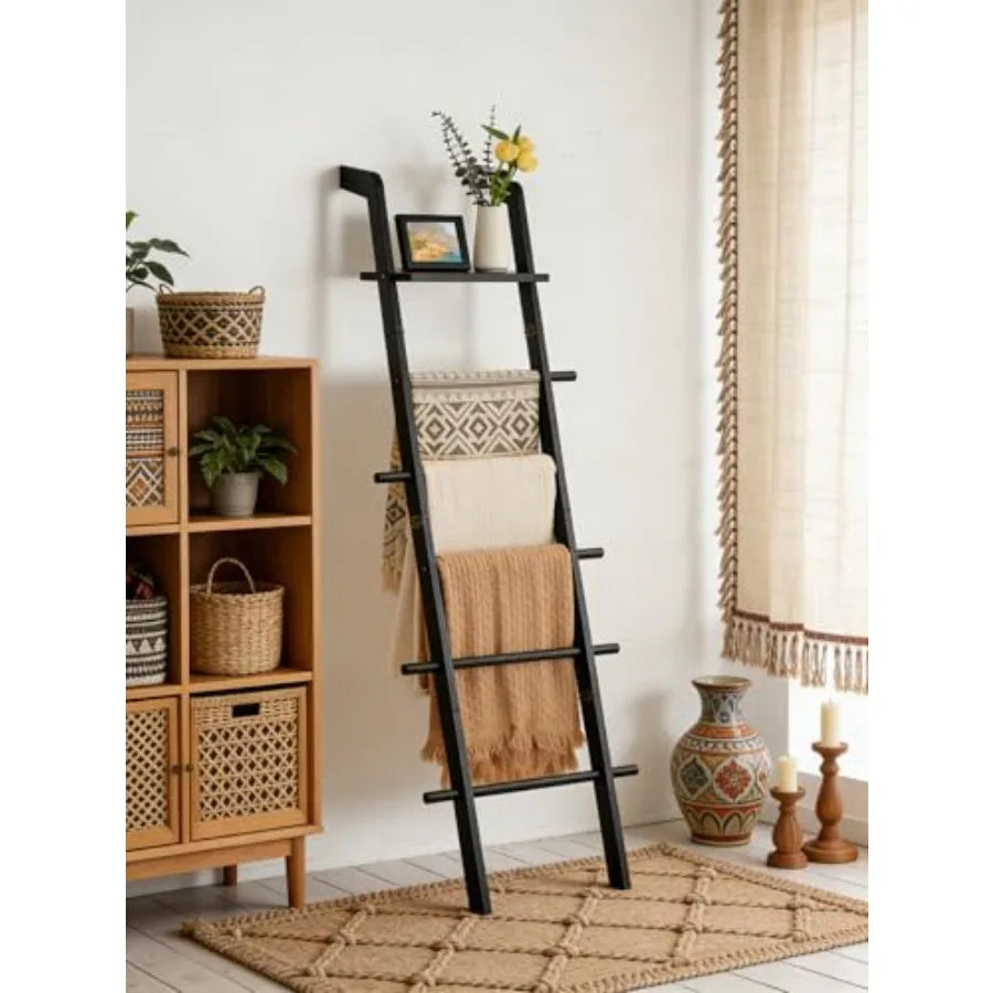 Blanket Ladder With Top Shelf 5-Tier Bamboo Blanket Holder
