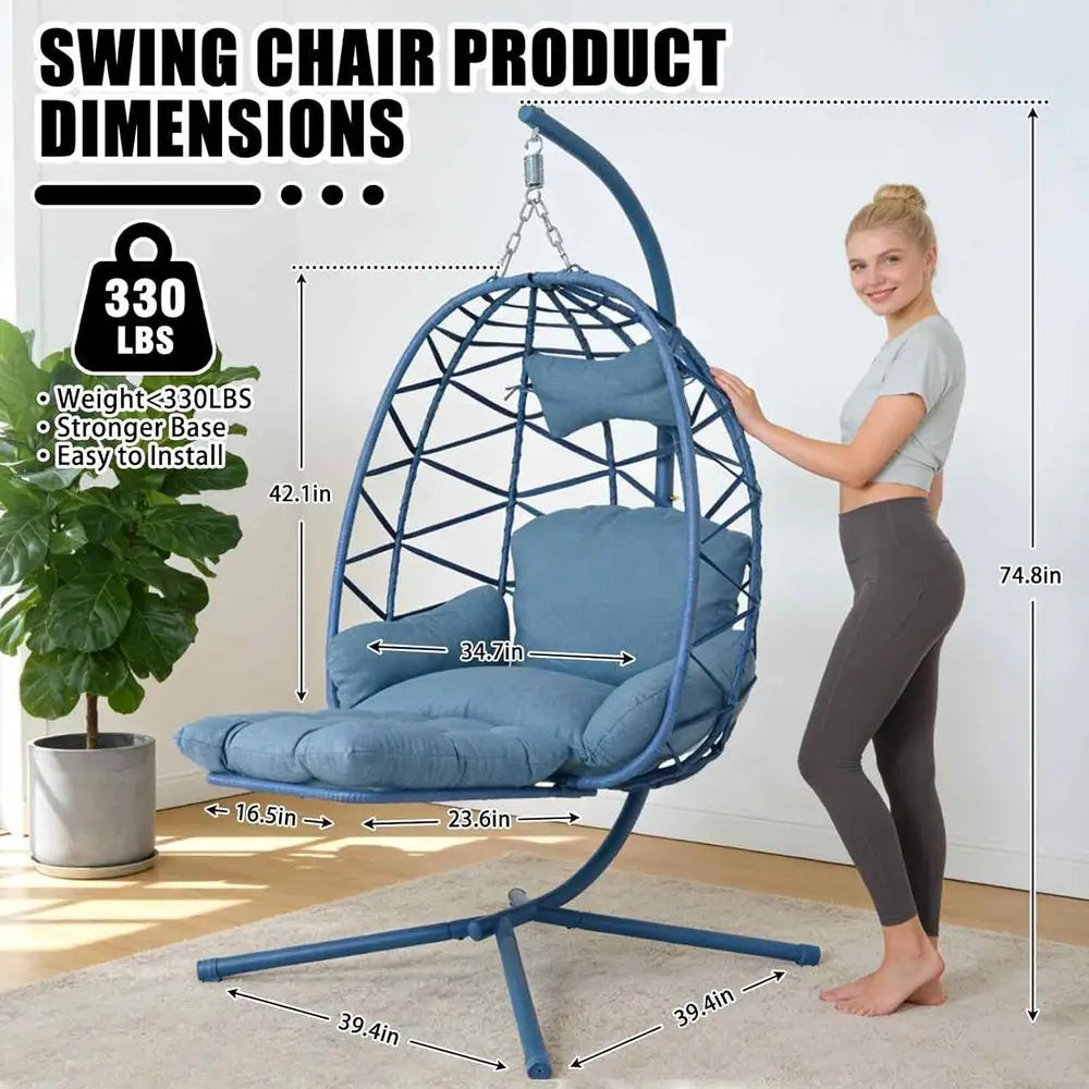 Rattan Wicker Swing Chair with Cushion and Leg Rest, Indoor Outdoor Hanging Egg Chair for Garden or Bedroom, 300 lbs, Blue