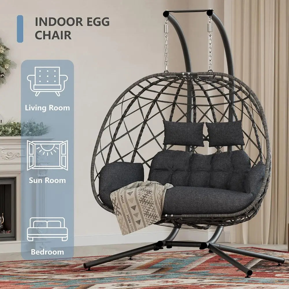 Double Egg Swing Chair with Stand, 2 Person Outdoor Indoor Hammock Hanging Chair with Cushion for Patio Living Room 650 LBS Cap