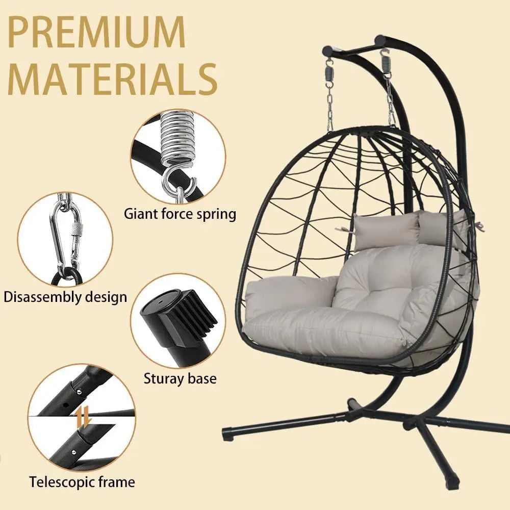 Gray Outdoor Hanging Wicker Rattan Double Egg Chair with Stand and Waterproof Cushion