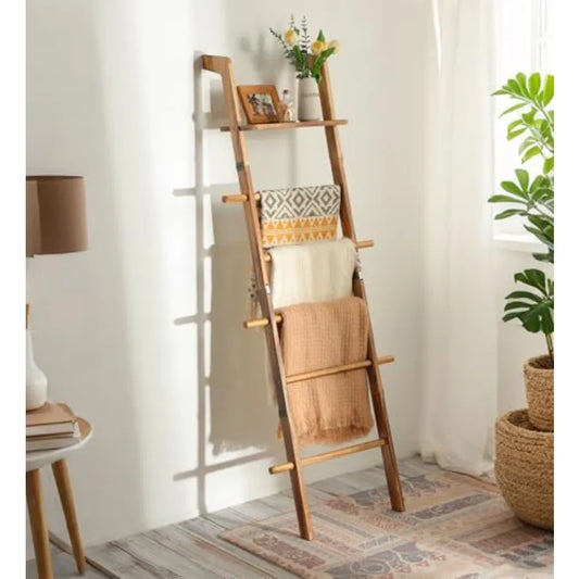 Blanket Ladder With Top Shelf 5-Tier Bamboo Blanket Holder