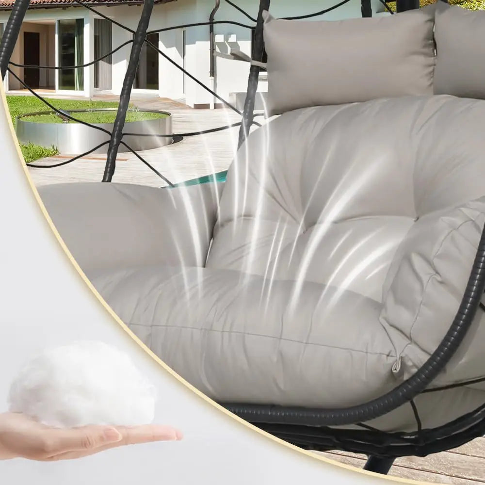 Gray Outdoor Hanging Wicker Rattan Double Egg Chair with Stand and Waterproof Cushion