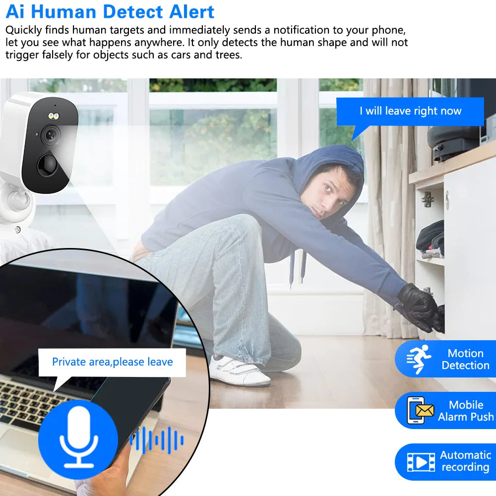 Outdoor 5MP 2K HD Wireless Solar Security Camera Wifi Connection with 4800mAh Rechargeable Battery IP66 Waterproof PIR Human Motion Detection Smart Alarm Night Vision Two Way Audio Surveillance System Compatible with ICSEE AP