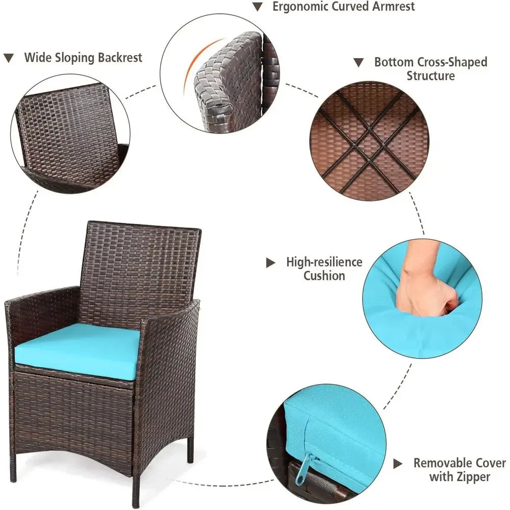 3-Piece Wicker Patio Furniture Set with Cushions and Glass Top Table for Outdoor Spaces