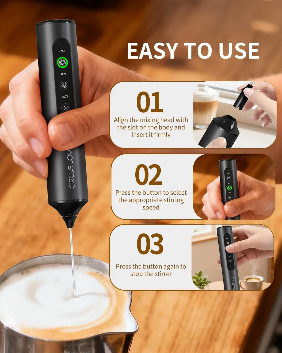 Rechargeable Handheld Milk Frother With 3 Speeds And 3 Whisks
