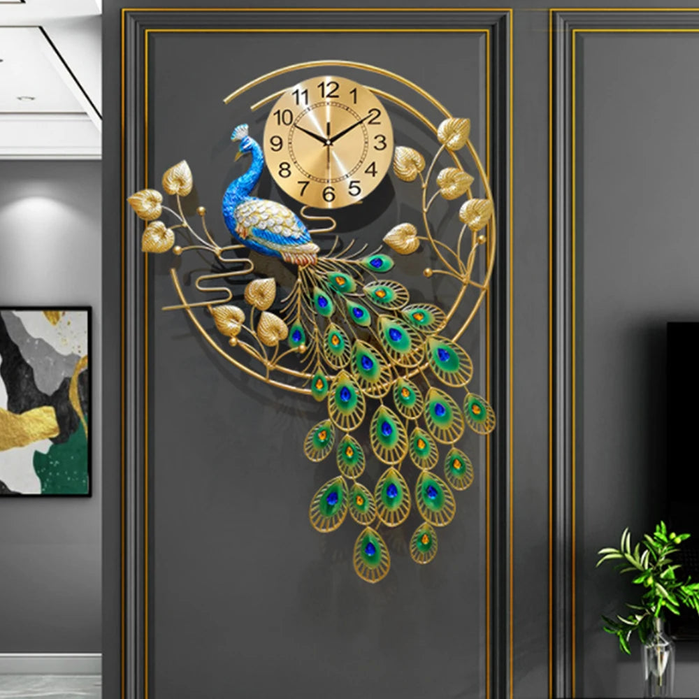 Peacock Art Wall Clock Metal Silent Timepiece No Ticking