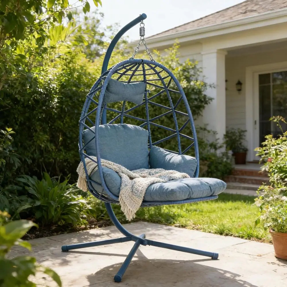 Rattan Wicker Swing Chair with Cushion and Leg Rest, Indoor Outdoor Hanging Egg Chair for Garden or Bedroom, 300 lbs, Blue