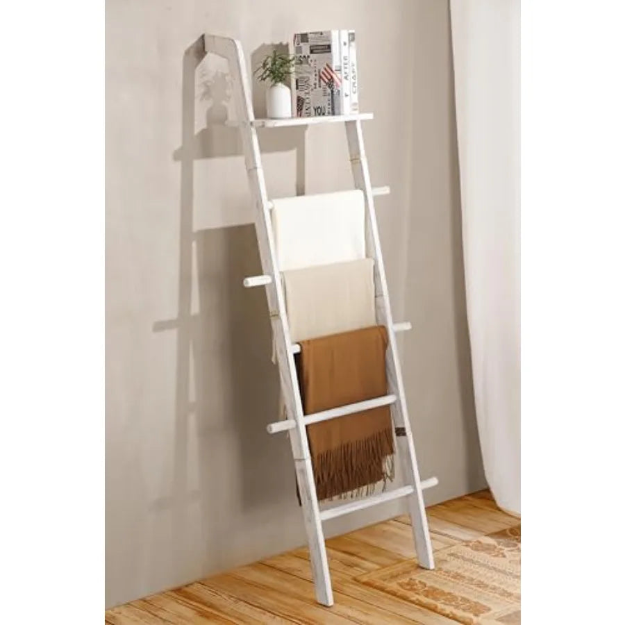 Blanket Ladder With Top Shelf 5-Tier Bamboo Blanket Holder