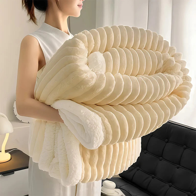 Weighted Sherpa Fleece Blanket Soft Warm Beige White Stripes