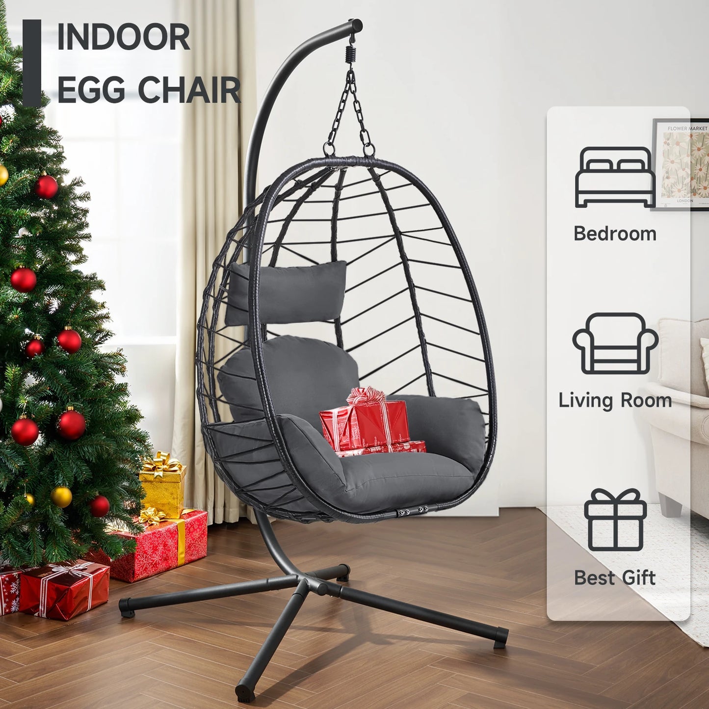 Egg Chair with Cushion, Outdoor Indoor Egg Swing Chair, Hanging Wicker Rattan Egg Chair with Dual Chains, 350LBS Capacity