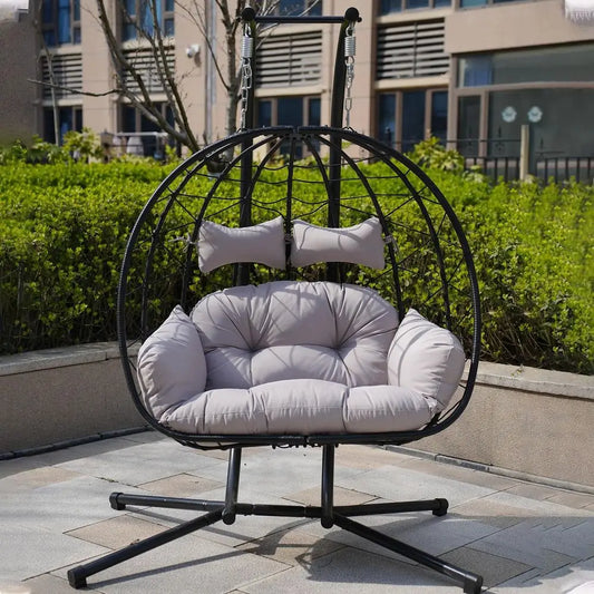 Gray Outdoor Hanging Wicker Rattan Double Egg Chair with Stand and Waterproof Cushion
