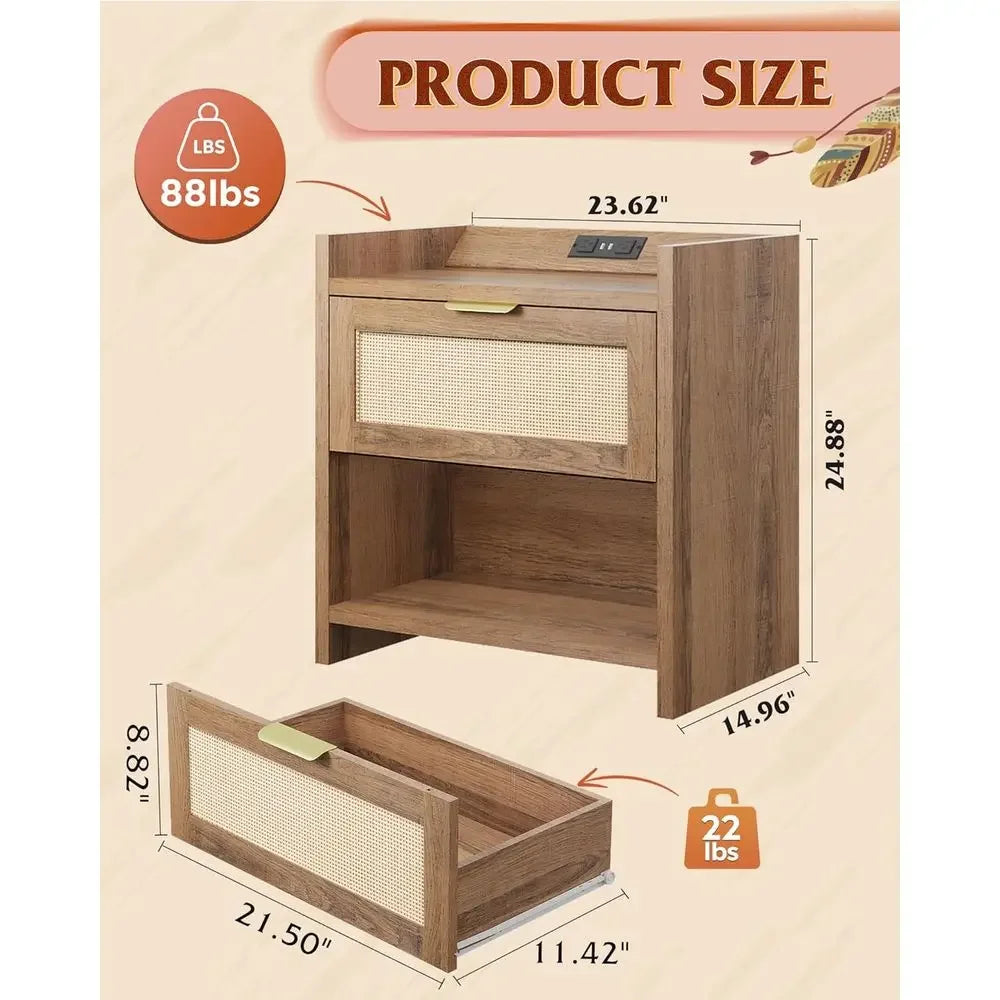 Natural Oak Nightstands With Charging Station Storage Drawer Open Shelf
