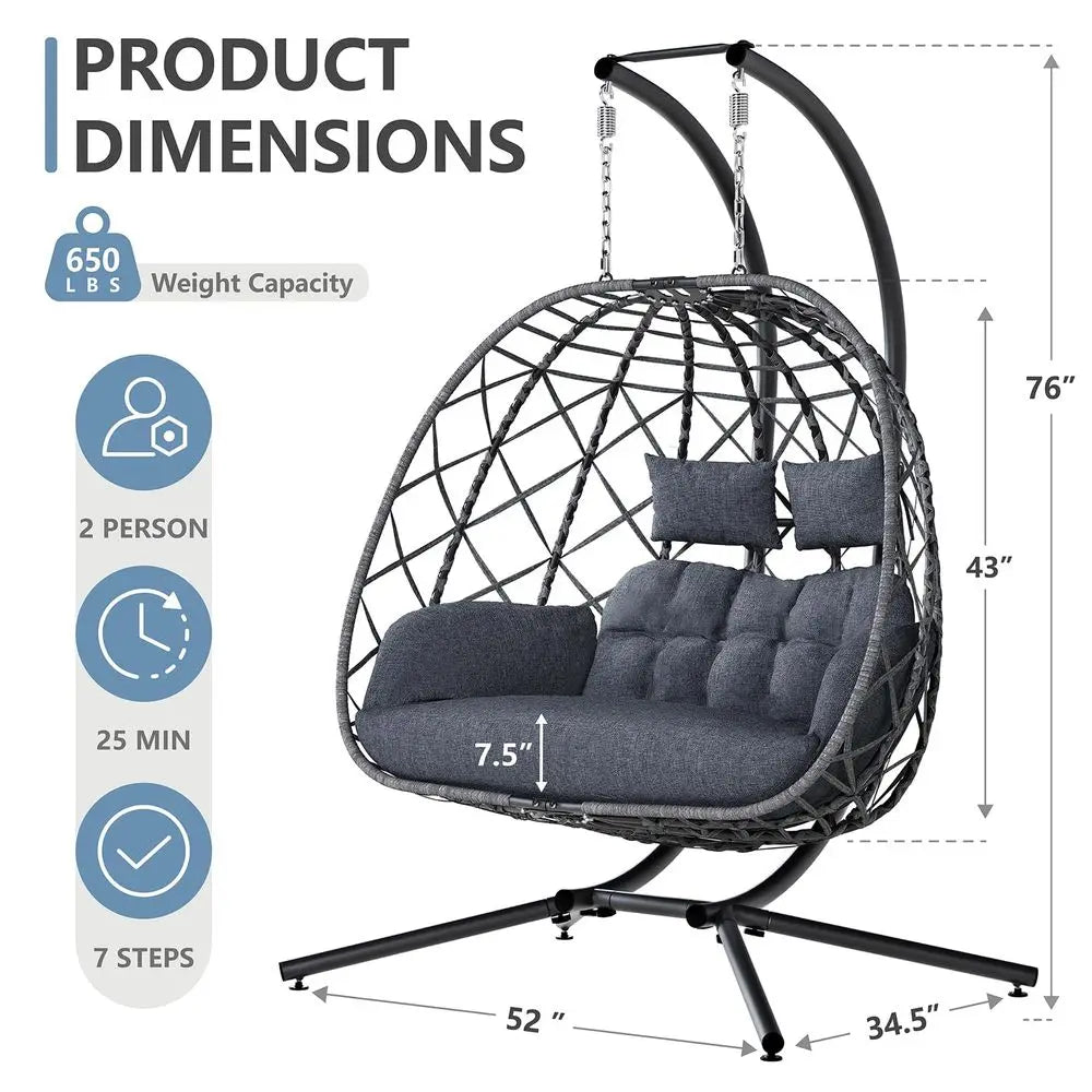 Double Egg Swing Chair with Stand, 2 Person Outdoor Indoor Hammock Hanging Chair with Cushion for Patio Living Room 650 LBS Cap