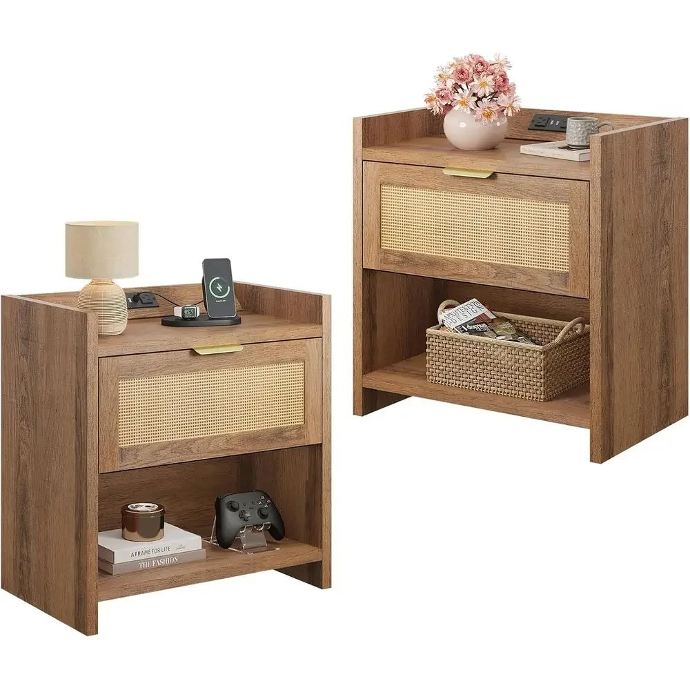 Natural Oak Nightstands With Charging Station Storage Drawer Open Shelf