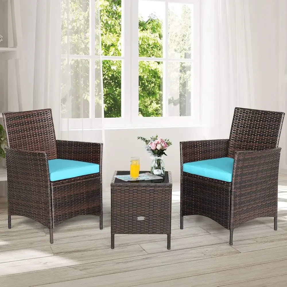 3-Piece Wicker Patio Furniture Set with Cushions and Glass Top Table for Outdoor Spaces