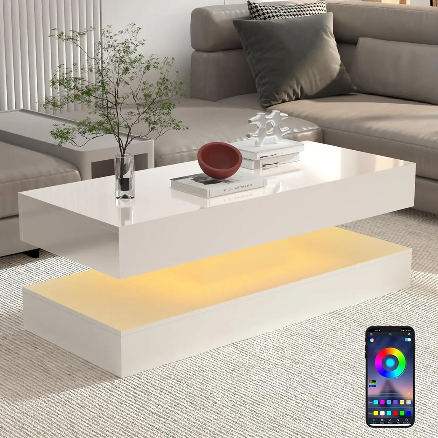 QiaoShiRen Modern Coffee Table With LED Double-Layer Storage Drawers