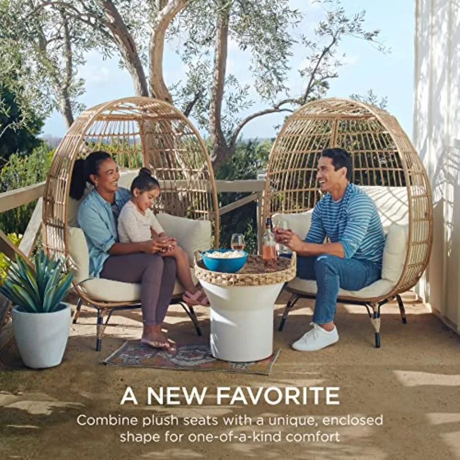 Wicker Egg Chair for patio, backyard, living room; rattan with steel frame; ivory; oversized indoor outdoor lounger with 4 cush
