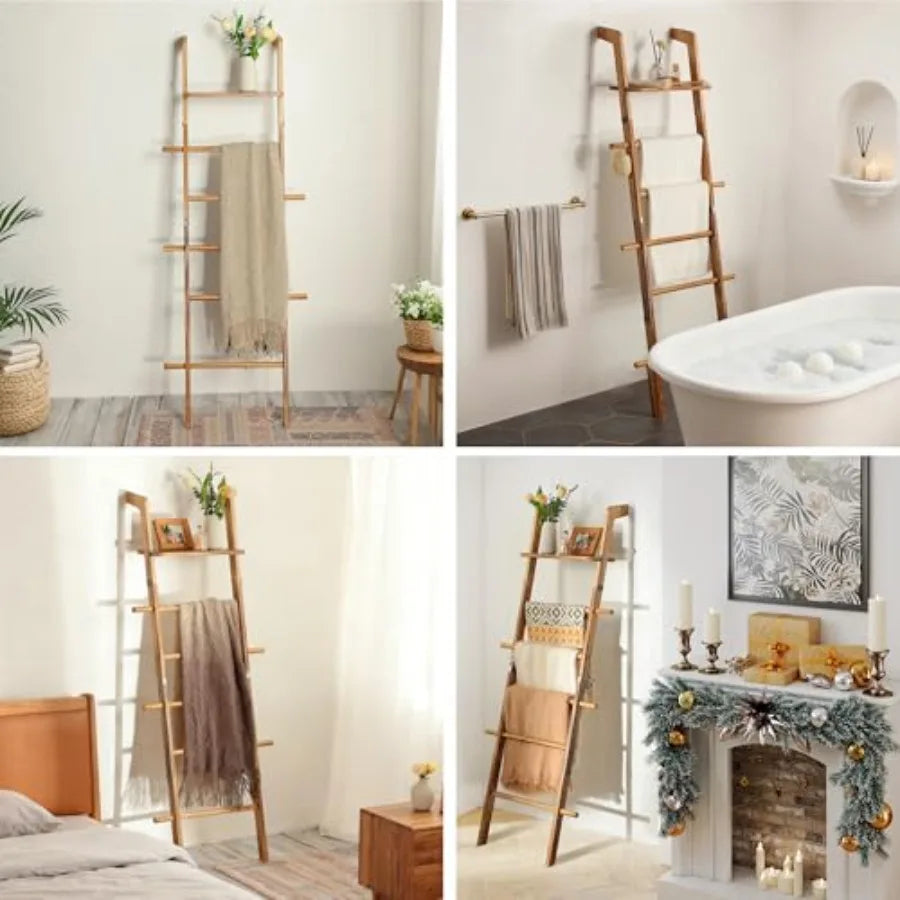 Blanket Ladder With Top Shelf 5-Tier Bamboo Blanket Holder