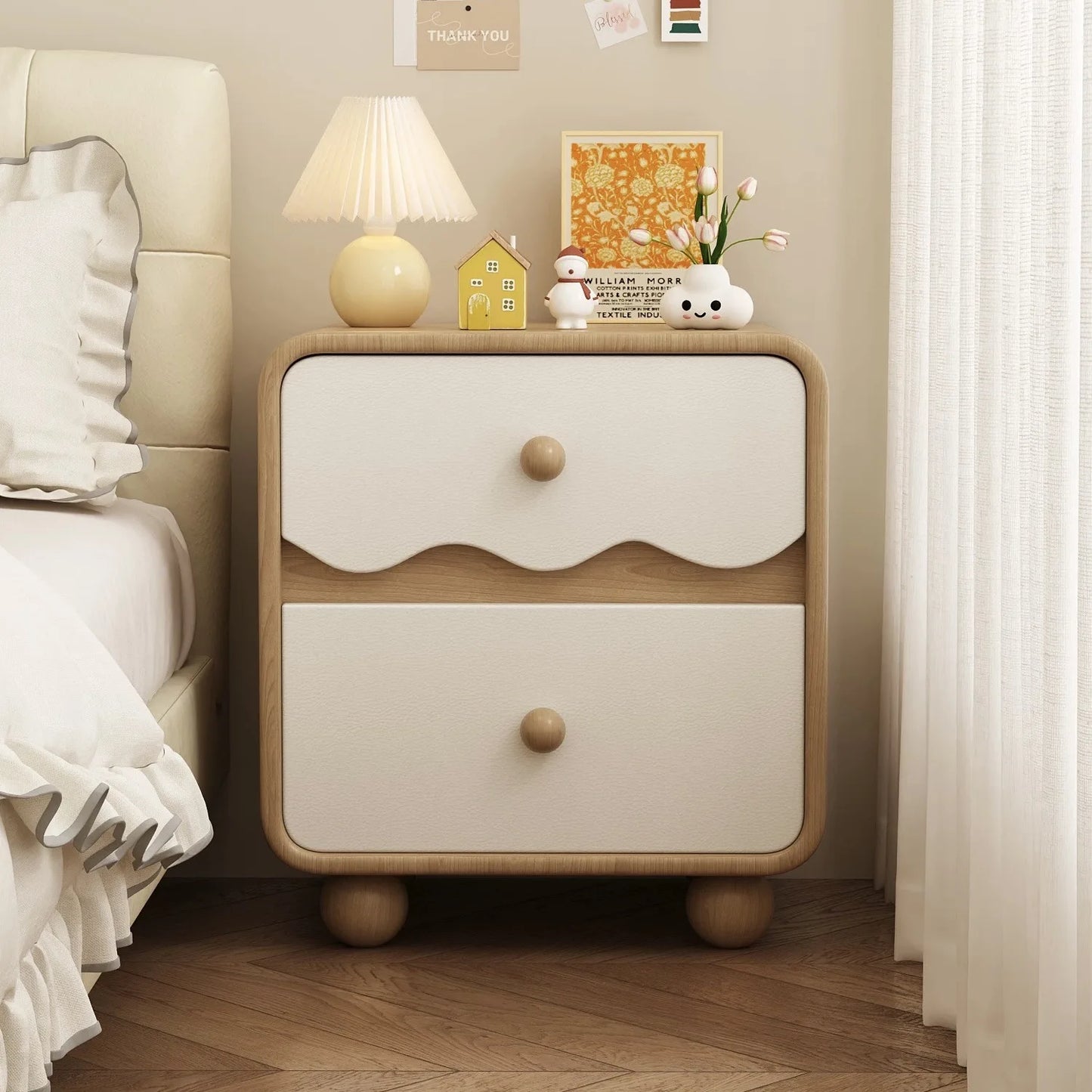Solid Wood Wavy Pattern Minimalist Nightstand With Storage Cabinet